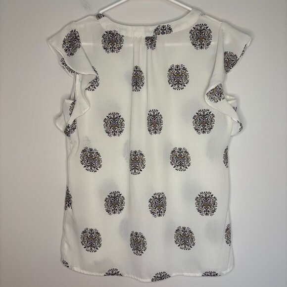 PHILOSOPHY Womens Sheer Top S V-Neck Ruffle Sleeve White Patterned - Picture 2 of 4